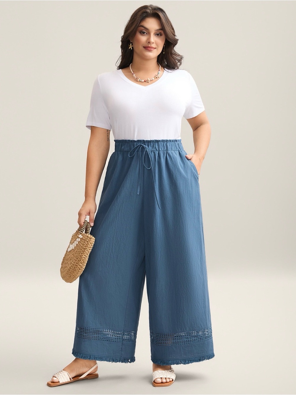 BloomChic Plus-Size Cerulean Blue Wide-Leg Drawstring Pants
